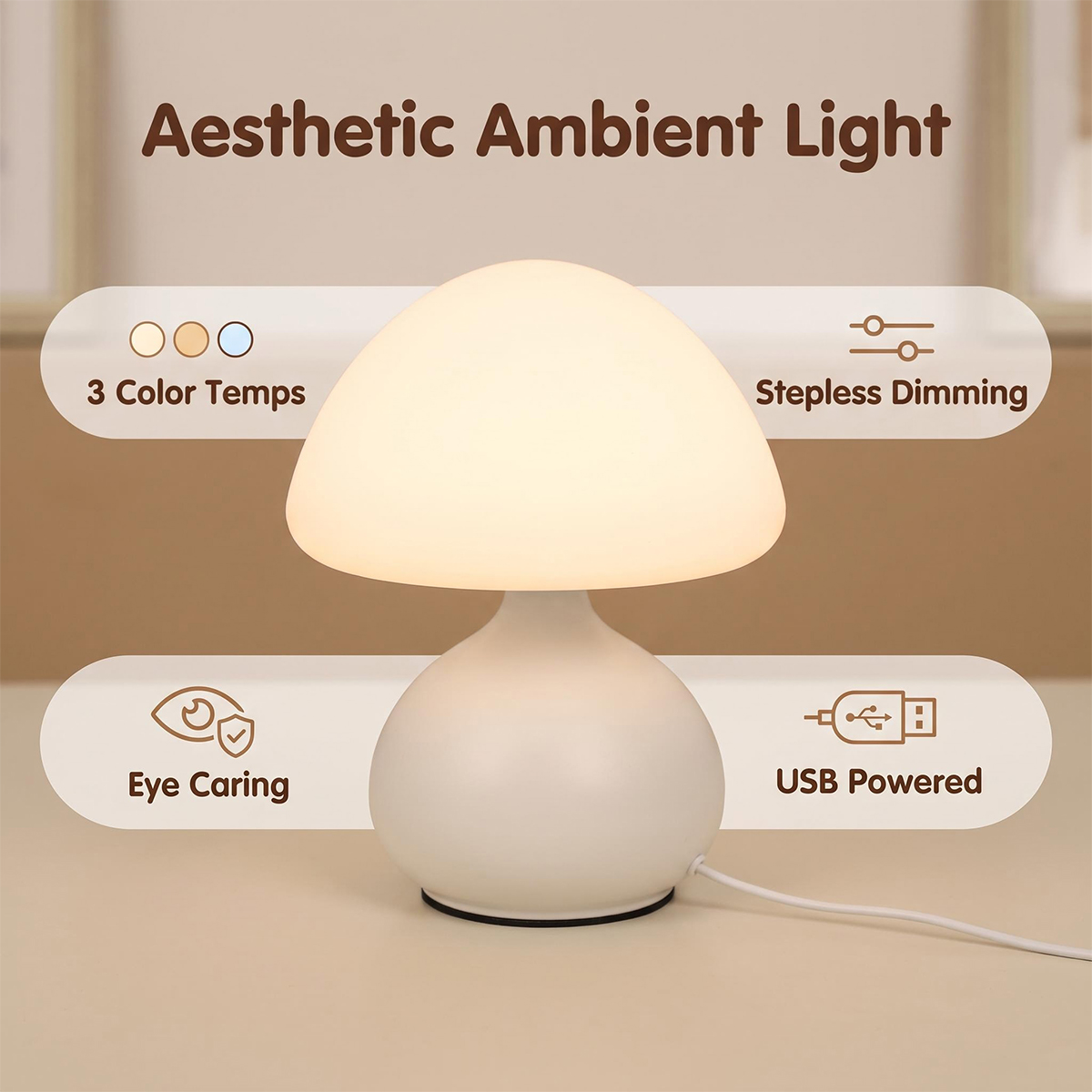 Mini Mushroom Bedside Lamp Tou - đánh giá và giá Desk Setup White