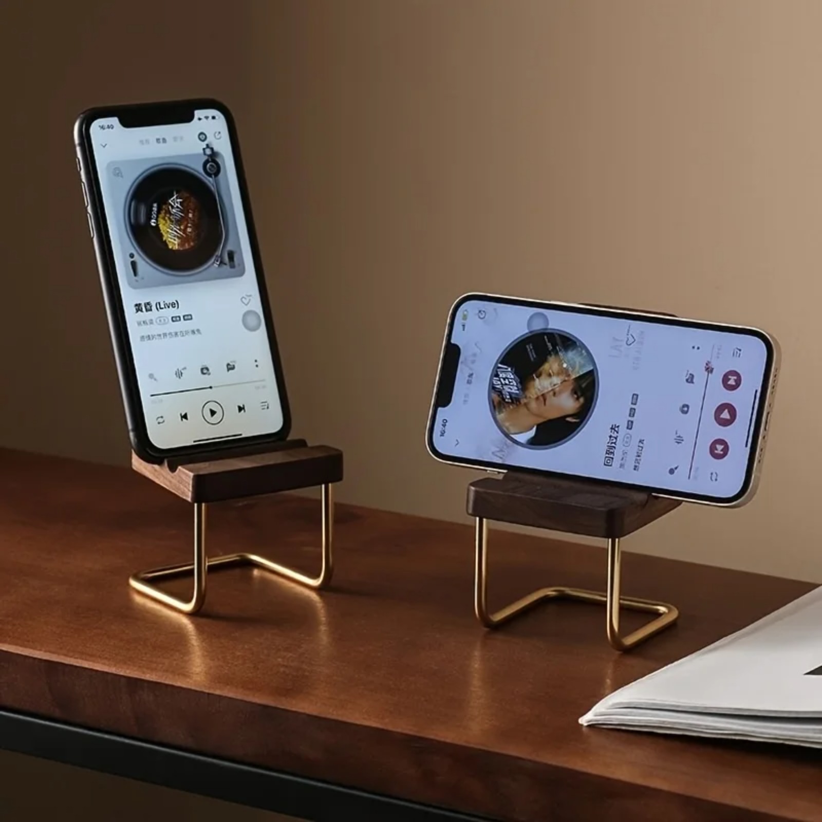 Wooden Phone Stand Walnut Desk - đánh giá và giá Desk Setup Natural